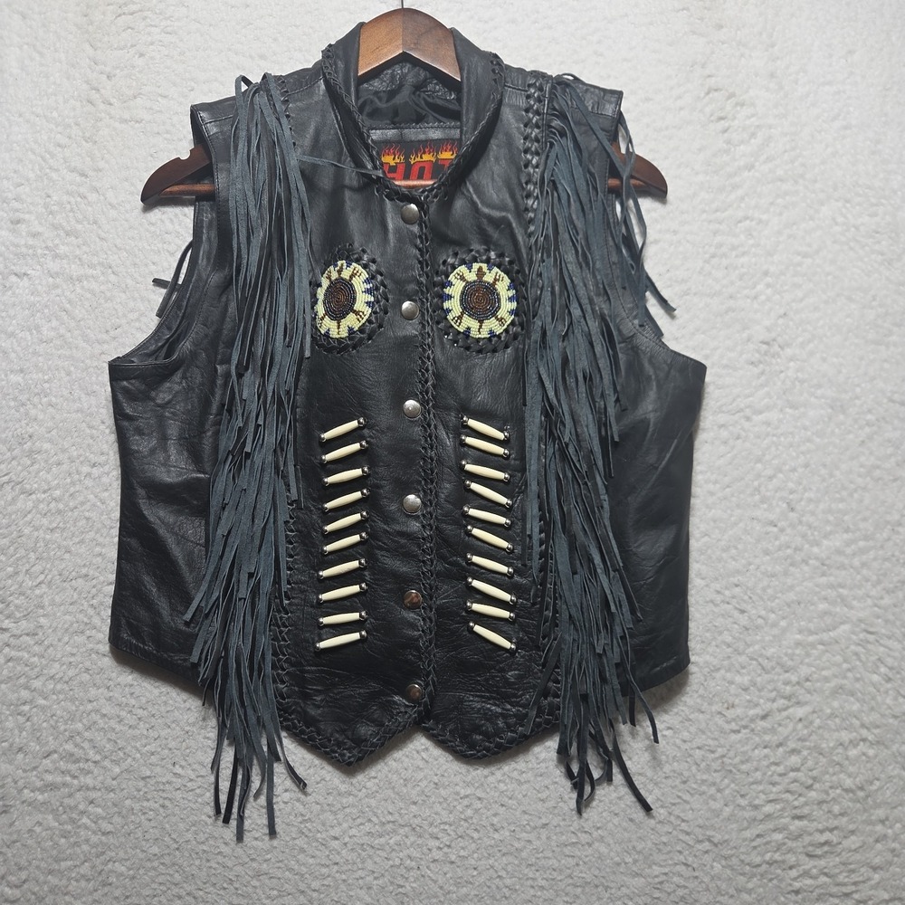 NWT‎ Hot Leathers Women's 2XL Black Leather Fringe Vest Boho Western Beaded Bone